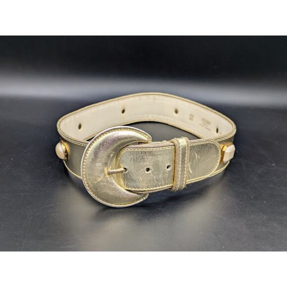 Vintage ESCADA Gold Metallic Leather Belt Western Germany Faux Pearl Lrg Buckle main image 5